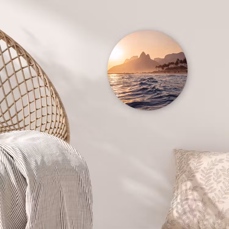 Glasbild Rund - Meer – Wellen – Sonnenuntergang – Küste – Gold - Zee - Golven - Zonsondergang - Kust - Goud Wandcirkel plexiglas klein