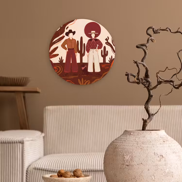 Glasbild Rund - Menschen – Cowboykleidung – Westernstil – Illustration – Braun - Mensen - Cowboykleding - Westerse stijl - Illustratie - Bruin Wandcirkel plexiglas klein