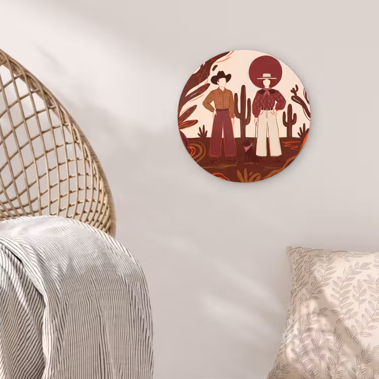 Glasbild Rund - Menschen – Cowboykleidung – Westernstil – Illustration – Braun - Mensen - Cowboykleding - Westerse stijl - Illustratie - Bruin Wandcirkel plexiglas klein