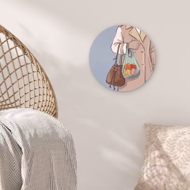 Glasbild Rund - Menschen – Einkaufen – Stadtleben – Modern – Farbenfroh - Mensen - Boodschappen - Stadsleven - Modern - Kleurrijk Wandcirkel plexiglas klein