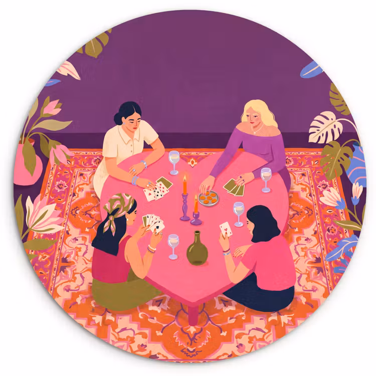 Glasbild Rund - Menschen – Kartenspiel – Innenraum – Modern – Farbenfroh - Mensen - Kaartspel - Interieur - Modern - Kleurrijk Wandcirkel plexiglas klein