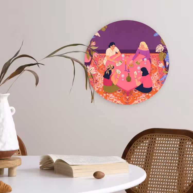 Glasbild Rund - Menschen – Kartenspiel – Innenraum – Modern – Farbenfroh - Mensen - Kaartspel - Interieur - Modern - Kleurrijk Wandcirkel plexiglas klein