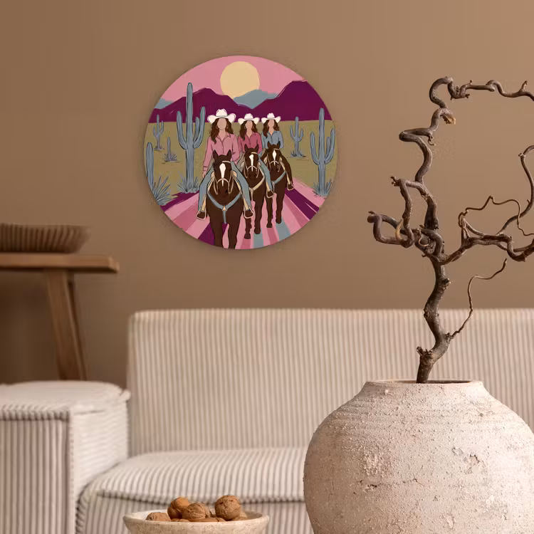 Glasbild Rund - Menschen – Pferd – Wüste – Abstrakt – Rosa - Mensen - Paard - Woestijn - Abstract - Roze Wandcirkel plexiglas klein