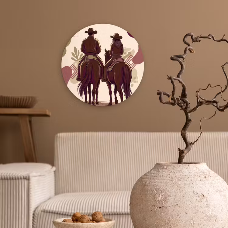Glasbild Rund - Menschen – Reiter – Western – Illustration – Braun - Mensen - Ruiters - Western - Illustratie - Bruin Wandcirkel plexiglas klein