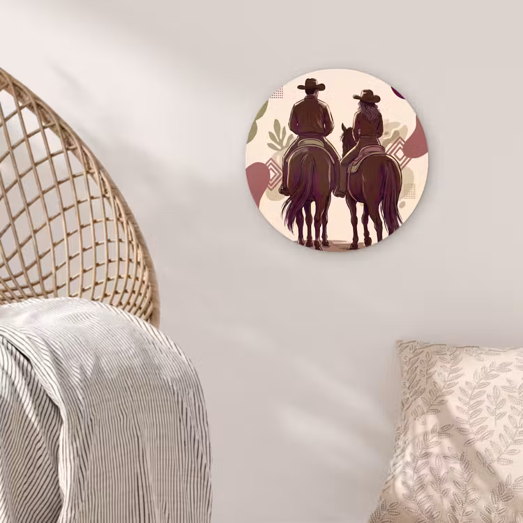 Glasbild Rund - Menschen – Reiter – Western – Illustration – Braun - Mensen - Ruiters - Western - Illustratie - Bruin Wandcirkel plexiglas klein