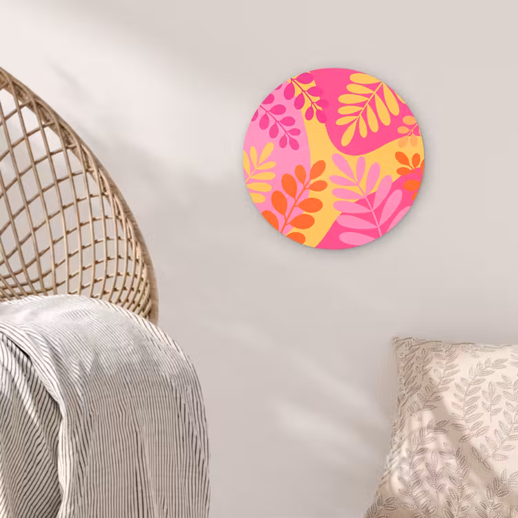 Glasbild Rund - Natur – Blätter – Abstrakt – Rosa – Gelb - Natuur - Bladeren - Abstract - Roze - Geel Wandcirkel plexiglas klein
