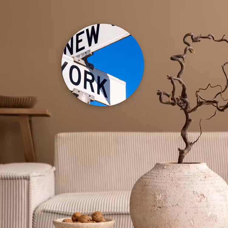 Glasbild Rund - New York – Straßenschild – Stadt – Urban – Blau - New York - Straatbord - Stad - Urban - Blauw Wandcirkel plexiglas klein