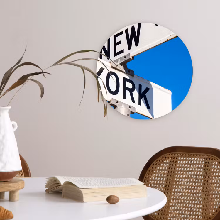 Glasbild Rund - New York – Straßenschild – Stadt – Urban – Blau - New York - Straatbord - Stad - Urban - Blauw Wandcirkel plexiglas klein