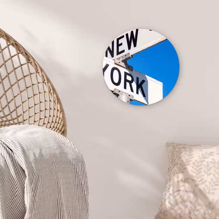 Glasbild Rund - New York – Straßenschild – Stadt – Urban – Blau - New York - Straatbord - Stad - Urban - Blauw Wandcirkel plexiglas klein