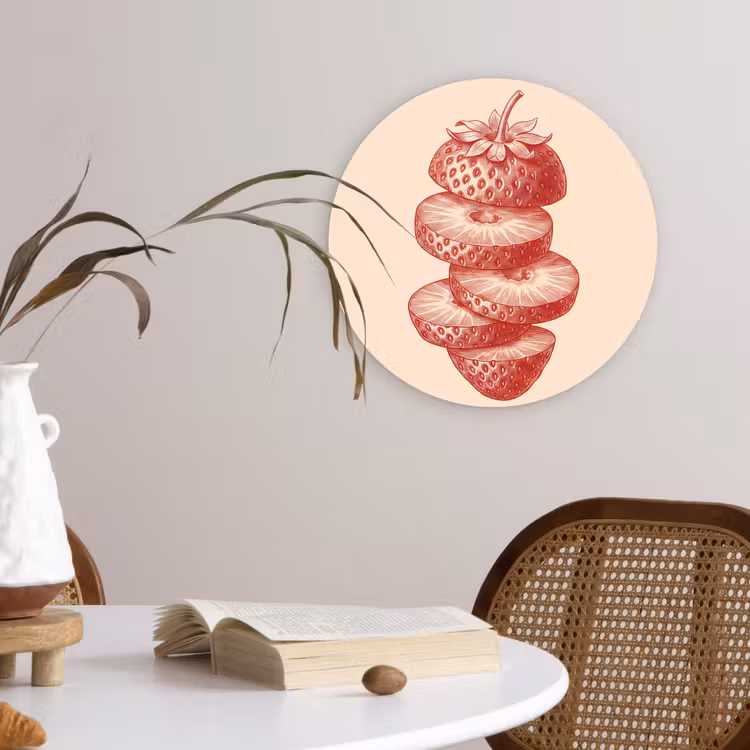 Glasbild Rund - Obst – Geschnitten – Illustration – Rot – Vintage - Fruit - Gesneden - Illustratie - Rood - Vintage Wandcirkel plexiglas klein