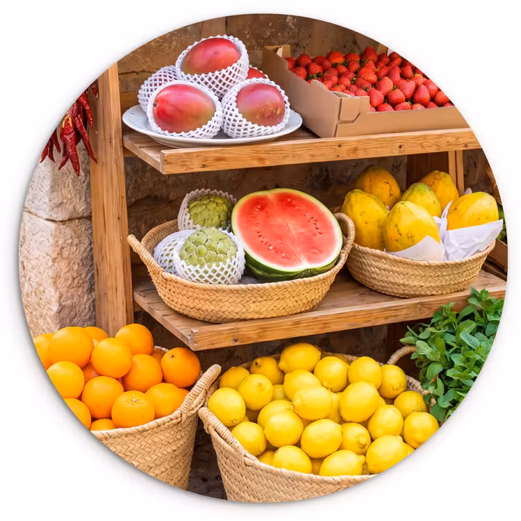 Glasbild Rund - Obst – Markt – Frisch - Fruit - Markt - Vers Wandcirkel plexiglas klein
