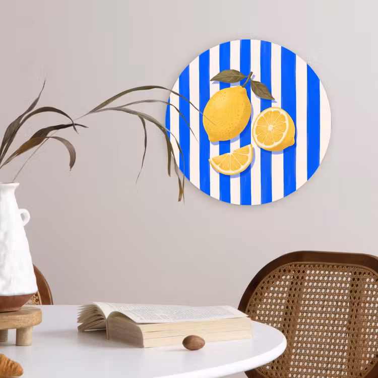 Glasbild Rund - Obst – Zitrone – Sommer – Gelb – Blau - Fruit - Citroen - Zomer - Geel - Blauw Wandcirkel plexiglas klein