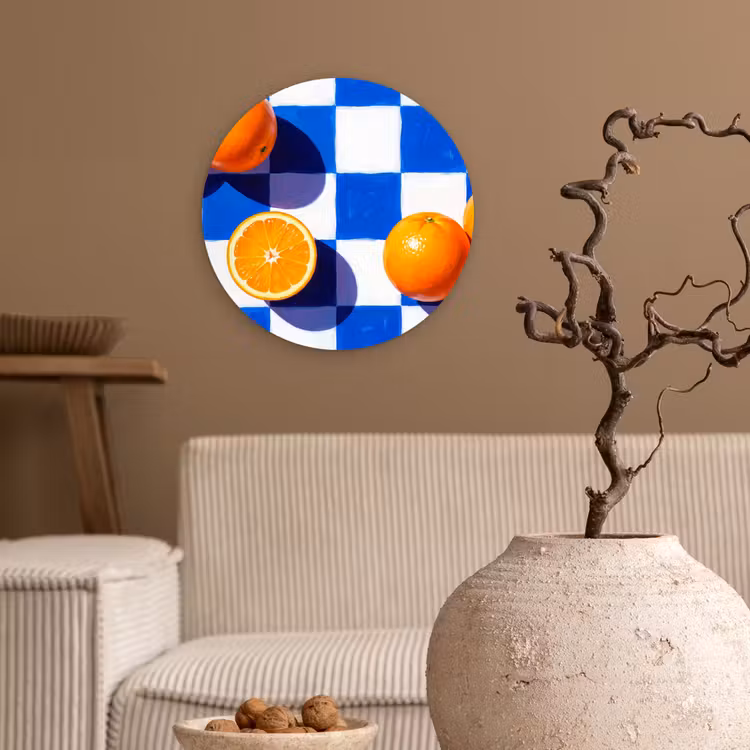 Glasbild Rund - Orange – Kariert – Essen - Sinaasappel - Geruit - Eten Wandcirkel plexiglas klein