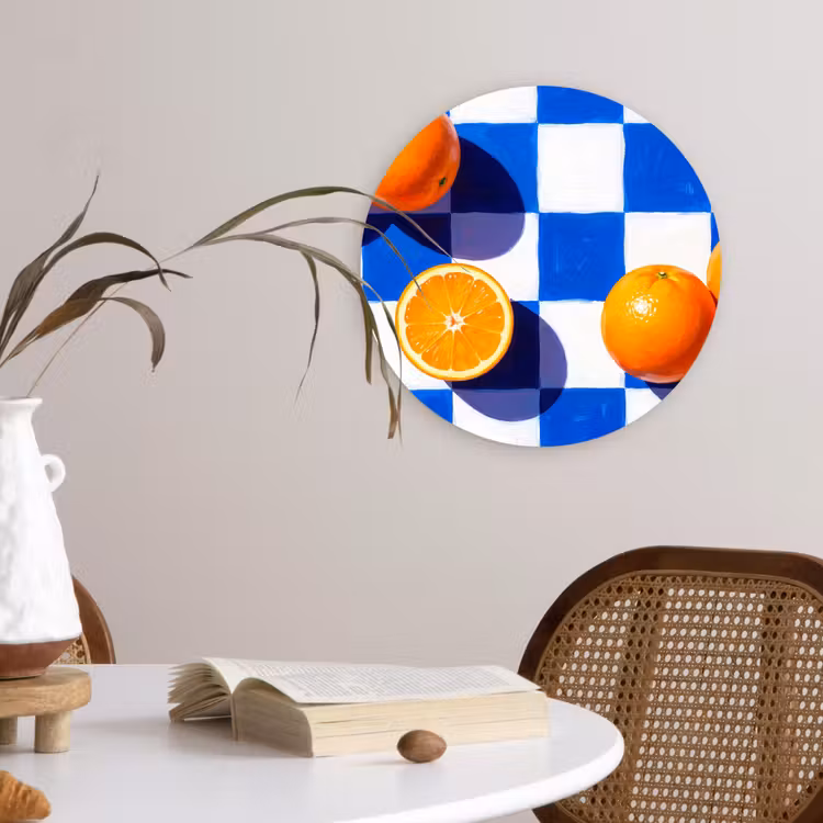 Glasbild Rund - Orange – Kariert – Essen - Sinaasappel - Geruit - Eten Wandcirkel plexiglas klein