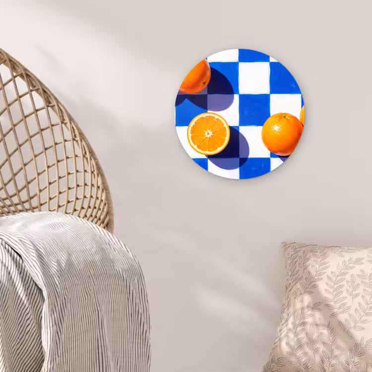 Glasbild Rund - Orange – Kariert – Essen - Sinaasappel - Geruit - Eten Wandcirkel plexiglas klein