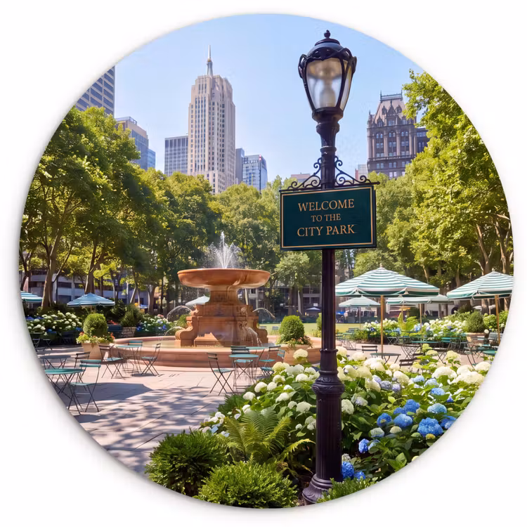 Glasbild Rund - Park – Springbrunnen – Stadt – Natur - Park - Fontein - Stad - Natuur Wandcirkel plexiglas klein