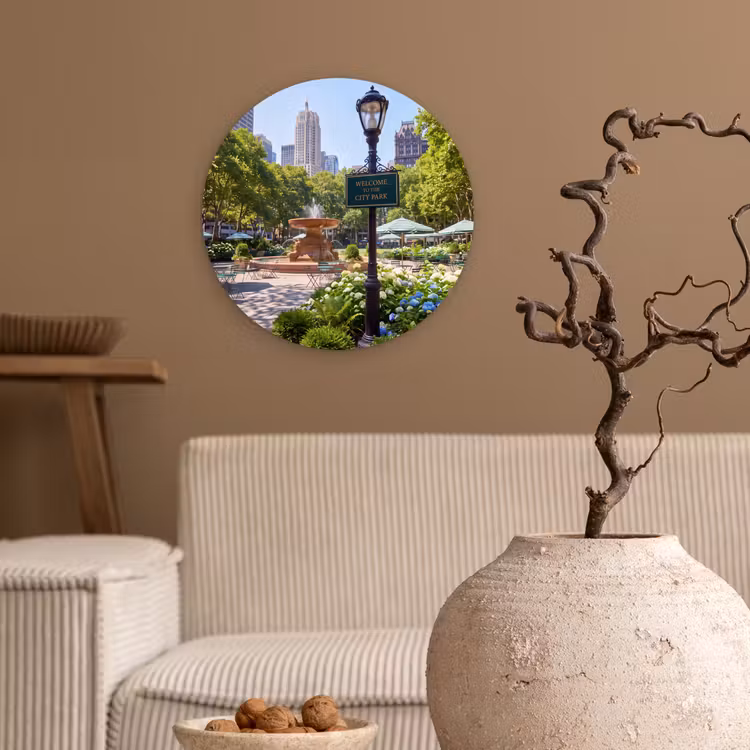 Glasbild Rund - Park – Springbrunnen – Stadt – Natur - Park - Fontein - Stad - Natuur Wandcirkel plexiglas klein