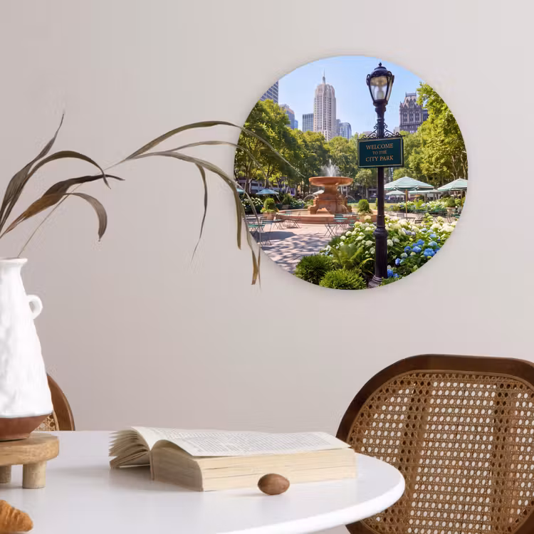 Glasbild Rund - Park – Springbrunnen – Stadt – Natur - Park - Fontein - Stad - Natuur Wandcirkel plexiglas klein