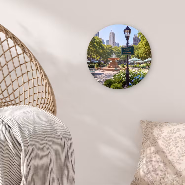 Glasbild Rund - Park – Springbrunnen – Stadt – Natur - Park - Fontein - Stad - Natuur Wandcirkel plexiglas klein