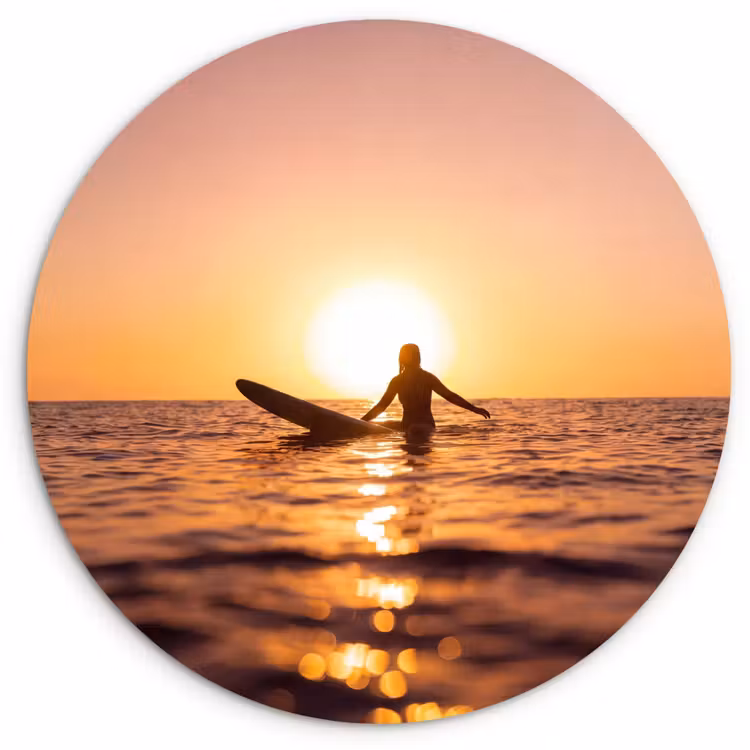 Glasbild Rund - Person – Surfen – Sonnenuntergang – Meer – Orange - Persoon - Surfen - Zonsondergang - Zee - Oranje Wandcirkel plexiglas klein