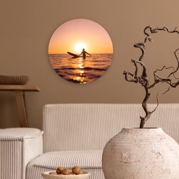 Glasbild Rund - Person – Surfen – Sonnenuntergang – Meer – Orange - Persoon - Surfen - Zonsondergang - Zee - Oranje Wandcirkel plexiglas klein