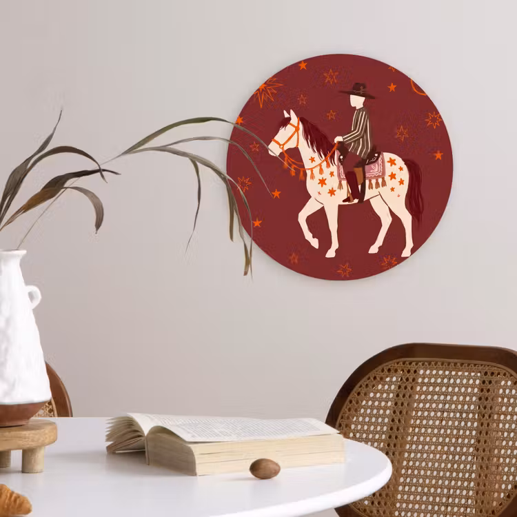 Glasbild Rund - Pferd – Reiter – Sterne – Nacht – Illustration - Paard - Ruiter - Sterren - Nacht - Illustratie Wandcirkel plexiglas klein