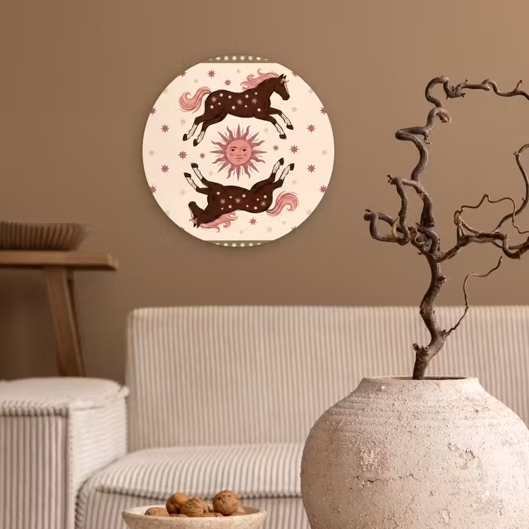 Glasbild Rund - Pferd – Sonne – Mystik – Illustration – Rosa - Paard - Zon - Mystiek - Illustratie - Roze Wandcirkel plexiglas klein
