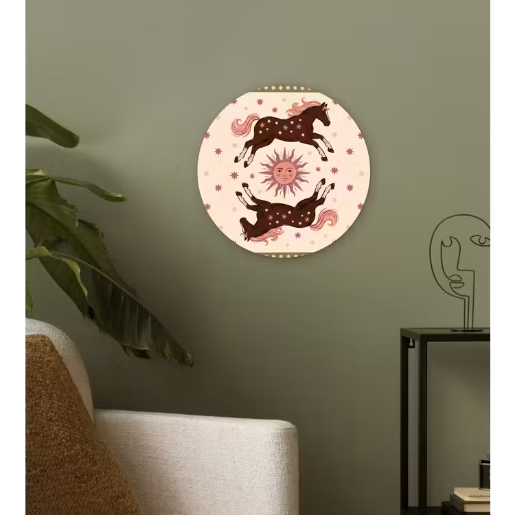 Glasbild Rund - Pferd – Sonne – Mystik – Illustration – Rosa - Paard - Zon - Mystiek - Illustratie - Roze Wandcirkel plexiglas klein