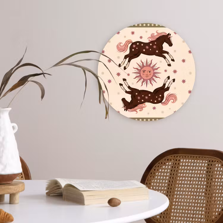 Glasbild Rund - Pferd – Sonne – Mystik – Illustration – Rosa - Paard - Zon - Mystiek - Illustratie - Roze Wandcirkel plexiglas klein