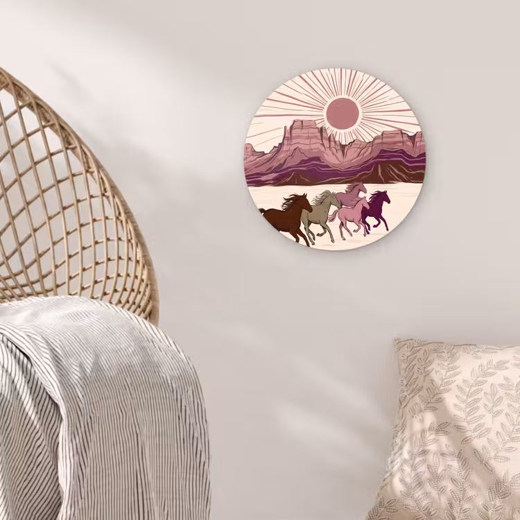 Glasbild Rund - Pferde – Im Galopp – Wüste – Natur – Abstrakt - Paarden - Rennend - Woestijn - Natuur - Abstract Wandcirkel plexiglas klein