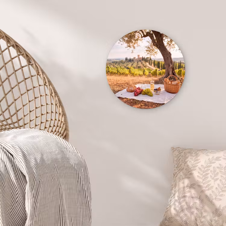 Glasbild Rund - Picknick – Weinberg – Landschaft – Sommer – Essen - Picknick - Wijngaard - Landschap - Zomer - Eten Wandcirkel plexiglas klein