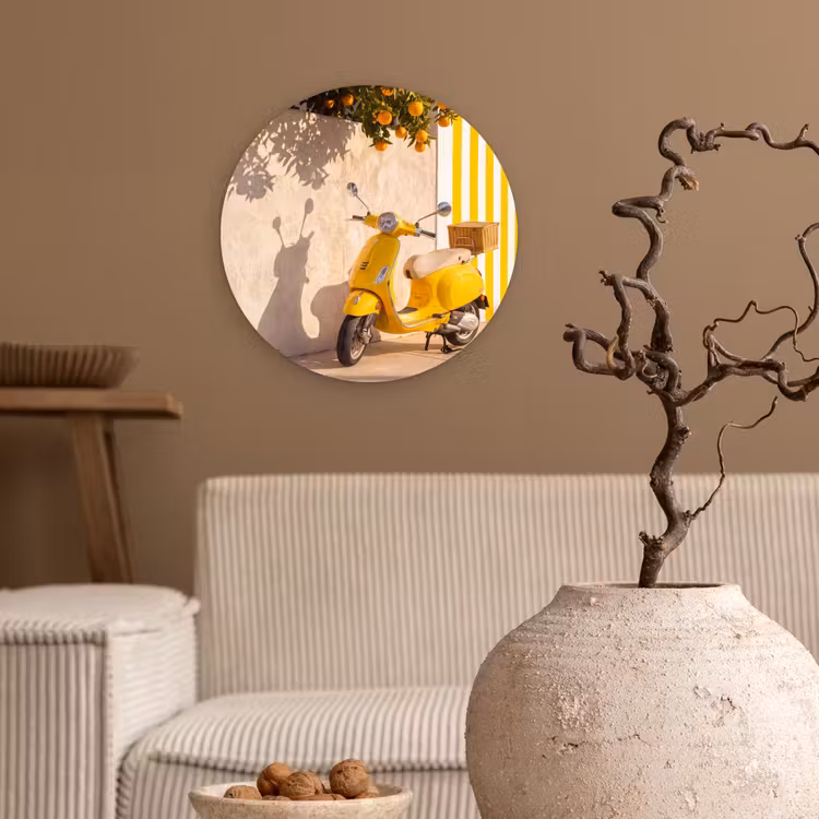 Glasbild Rund - Roller – Natur – Sommer – Gelb – Mittelmeer - Scooter - Natuur - Zomer - Geel - Mediterraan Wandcirkel plexiglas klein