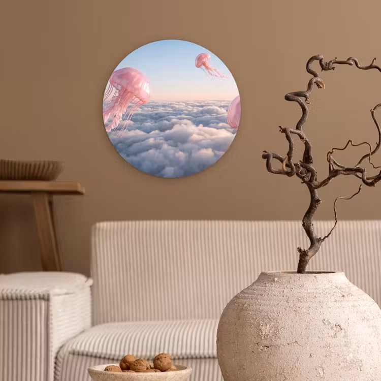 Glasbild Rund - Rosa Tier – Wolken - Roze dier - Wolken Wandcirkel plexiglas klein