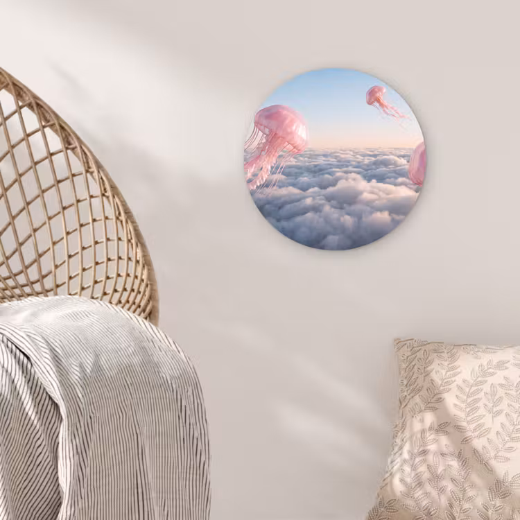 Glasbild Rund - Rosa Tier – Wolken - Roze dier - Wolken Wandcirkel plexiglas klein