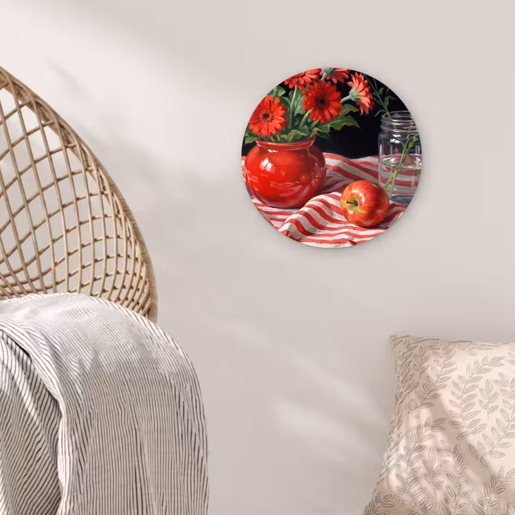 Glasbild Rund - Rote Blumen – Vase - Rode bloemen - Vaas Wandcirkel plexiglas klein