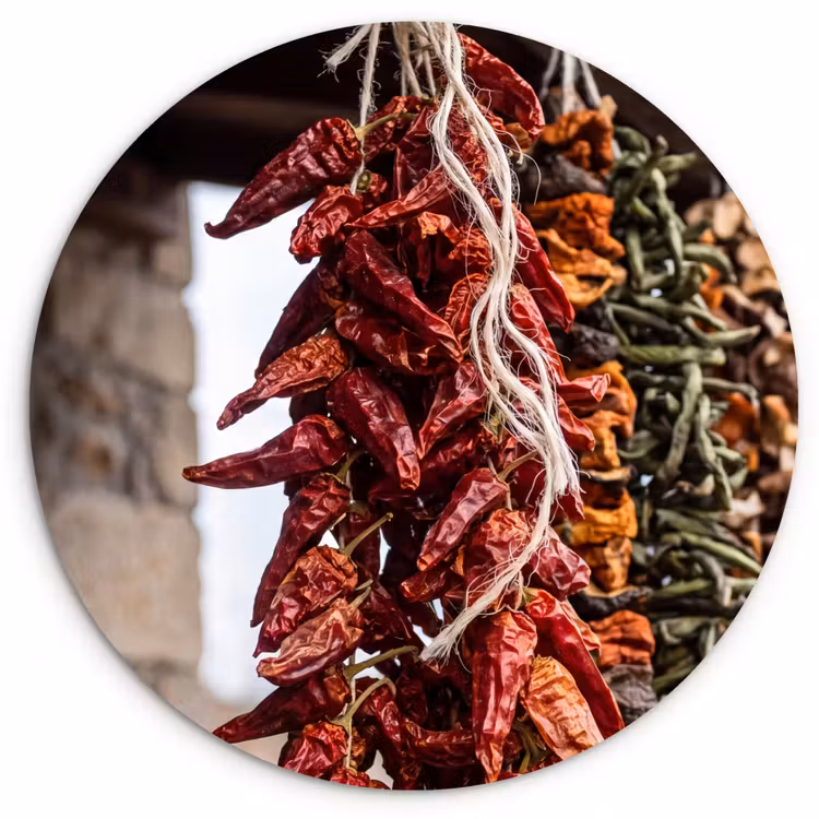 Glasbild Rund - Rote Chilischoten – Essen - Rode pepers - Eten Wandcirkel plexiglas klein