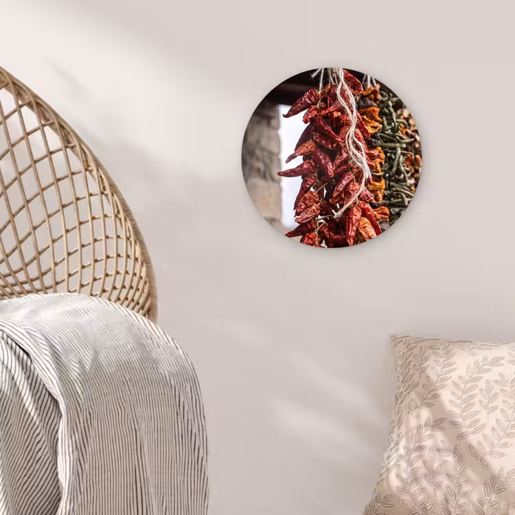 Glasbild Rund - Rote Chilischoten – Essen - Rode pepers - Eten Wandcirkel plexiglas klein