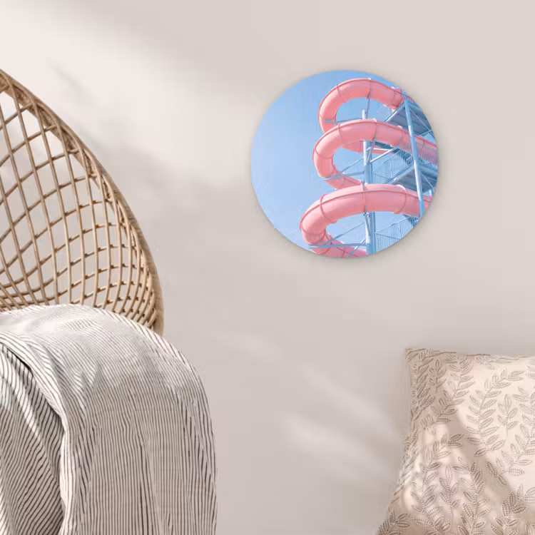 Glasbild Rund - Rutsche – Wasserpark – Spirale – Modern – Rosa - Glijbaan - Waterpark - Spiraal - Modern - Roze Wandcirkel plexiglas klein