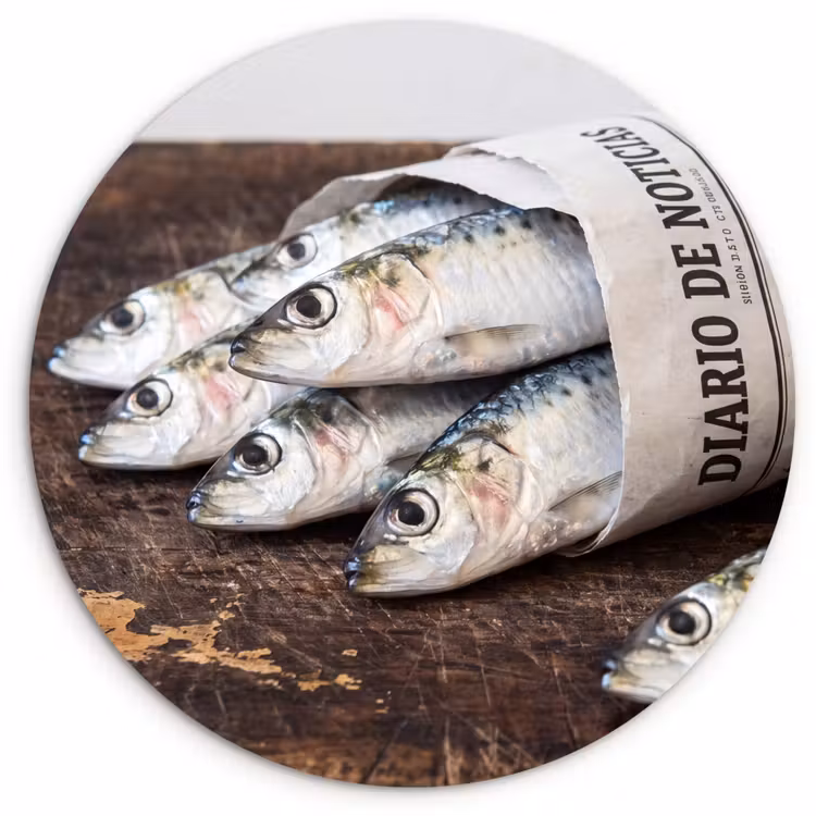 Glasbild Rund - Sardine – Zeitung – Schneidebrett - Sardientje - krant - snijplank Wandcirkel plexiglas klein