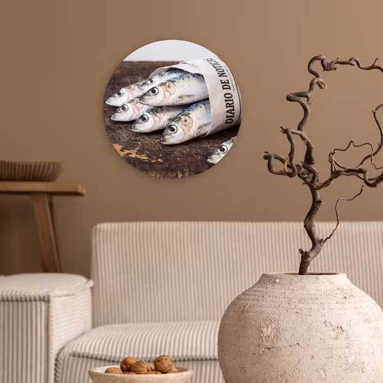 Glasbild Rund - Sardine – Zeitung – Schneidebrett - Sardientje - krant - snijplank Wandcirkel plexiglas klein