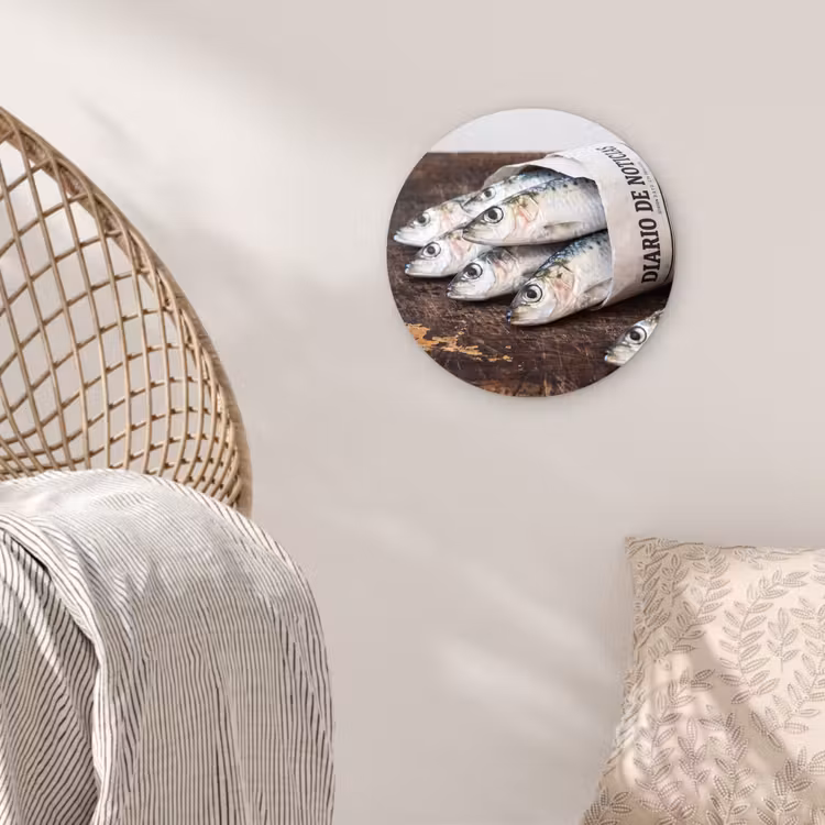 Glasbild Rund - Sardine – Zeitung – Schneidebrett - Sardientje - krant - snijplank Wandcirkel plexiglas klein