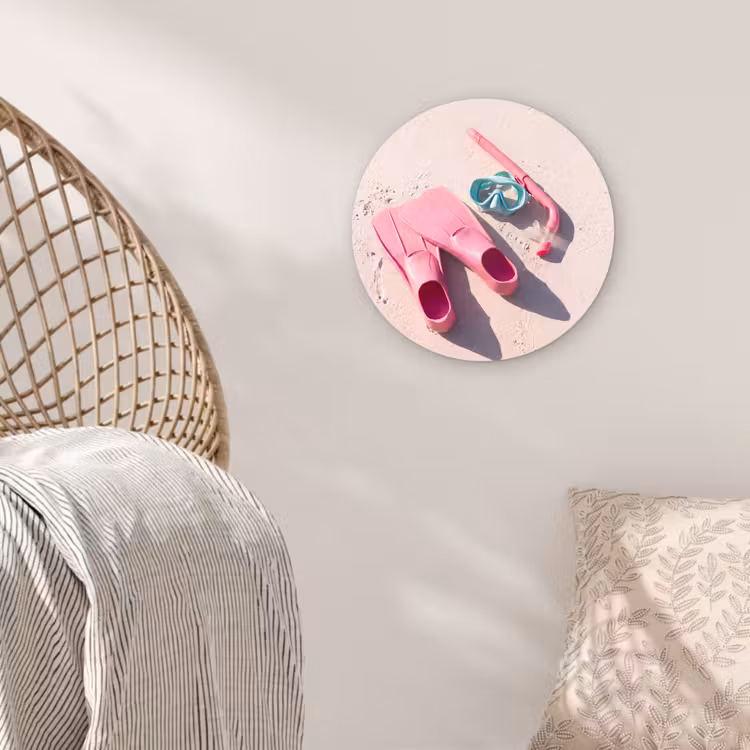 Glasbild Rund - Schnorchelset – Strand – Sommer – Rosa - Snorkelset - Strand - Zomer - Roze Wandcirkel plexiglas klein