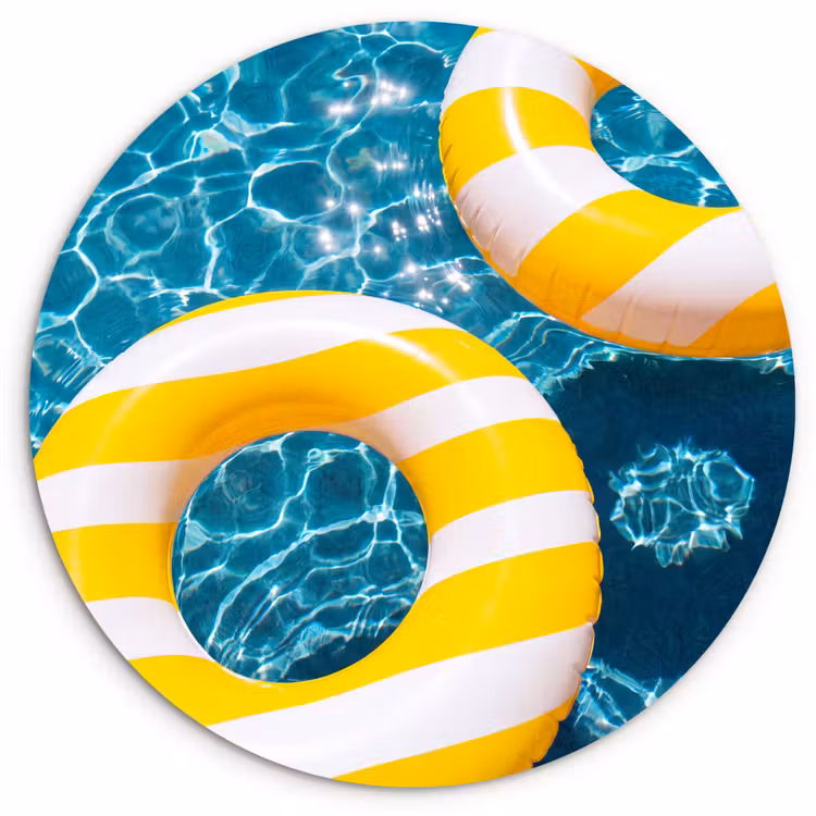 Glasbild Rund - Schwimmbad – Schwimmringe – Sommer – Gelb – Blau - Zwembad - Zwembanden - Zomer - Geel - Blauw Wandcirkel plexiglas klein