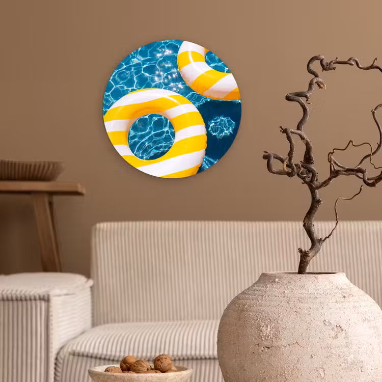 Glasbild Rund - Schwimmbad – Schwimmringe – Sommer – Gelb – Blau - Zwembad - Zwembanden - Zomer - Geel - Blauw Wandcirkel plexiglas klein