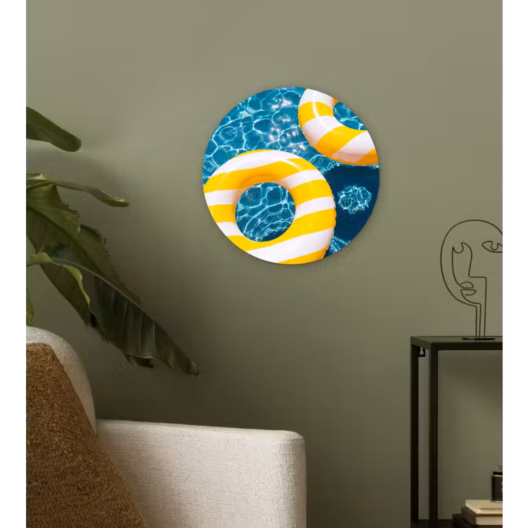 Glasbild Rund - Schwimmbad – Schwimmringe – Sommer – Gelb – Blau - Zwembad - Zwembanden - Zomer - Geel - Blauw Wandcirkel plexiglas klein