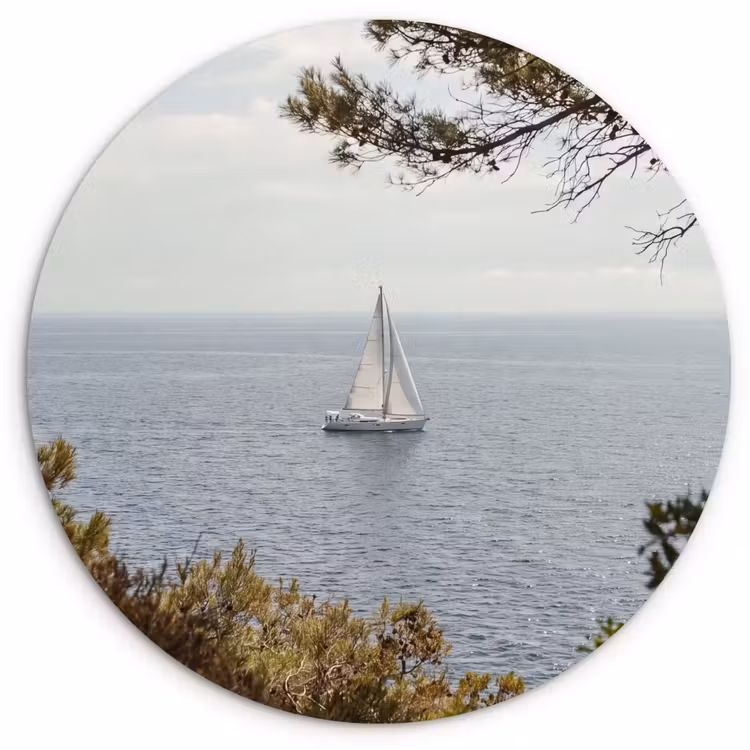 Glasbild Rund - Segelboot – Bäume – Wasser - Zeilboot - bomen - water Wandcirkel plexiglas klein