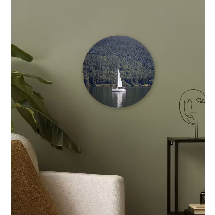 Glasbild Rund - Segelboot – Wasser – Berge – Natur – Grün - Zeilboot - Water - Bergen - Natuur - Groen Wandcirkel plexiglas klein
