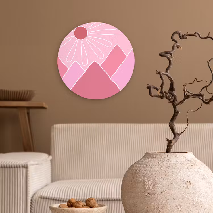 Glasbild Rund - Sonne – Berge – Natur – Abstrakt – Rosa - Zon - Bergen - Natuur - Abstract - Roze Wandcirkel plexiglas klein