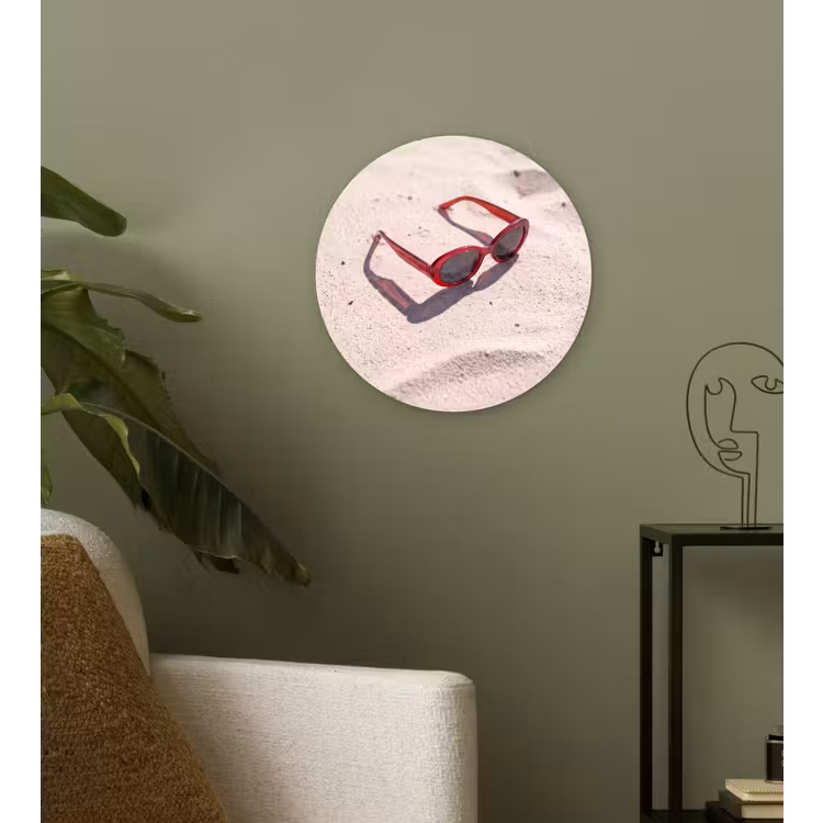 Glasbild Rund - Sonnenbrille – Strand – Urlaub – Rot - Zonnebril - Strand - Vakantie - Rood Wandcirkel plexiglas klein