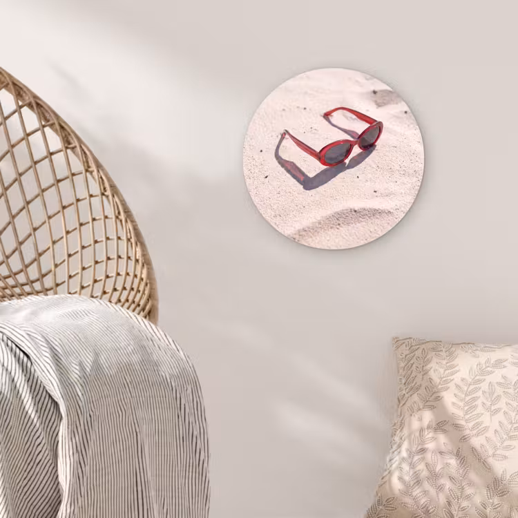 Glasbild Rund - Sonnenbrille – Strand – Urlaub – Rot - Zonnebril - Strand - Vakantie - Rood Wandcirkel plexiglas klein